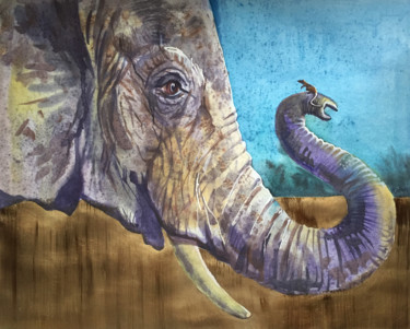 Painting titled "Elephant and mouse.…" by Natalia Veyner, Original Artwork, Watercolor