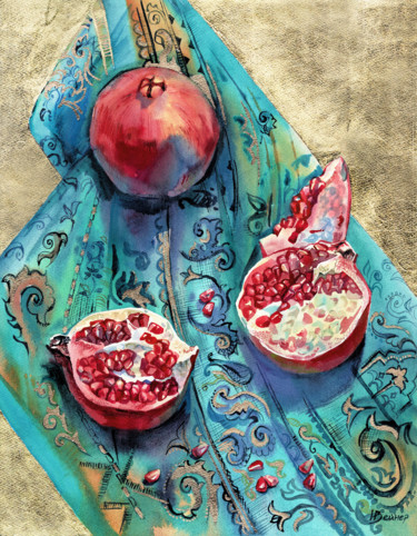 Painting titled "Pomegranates. Still…" by Natalia Veyner, Original Artwork, Watercolor