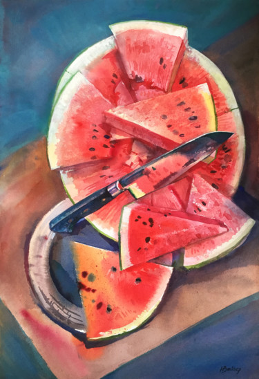 Painting titled "Still life with wat…" by Natalia Veyner, Original Artwork, Watercolor