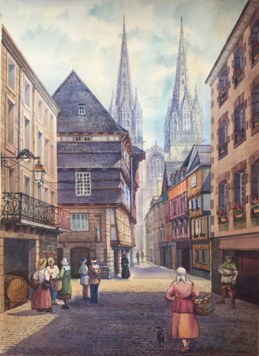 Painting titled "Quimper" by Natalia Veyner, Original Artwork, Watercolor