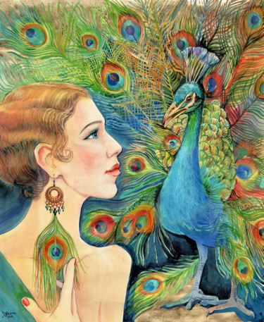 Painting titled "Girl with peacock.…" by Natalia Veyner, Original Artwork, Watercolor