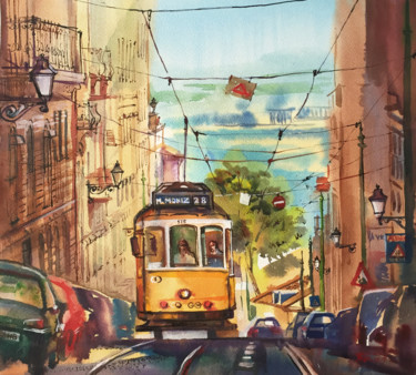 Painting titled "Lisbon Tram" by Natalia Veyner, Original Artwork, Watercolor