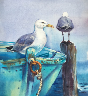 Painting titled "Seagulls" by Natalia Veyner, Original Artwork, Watercolor