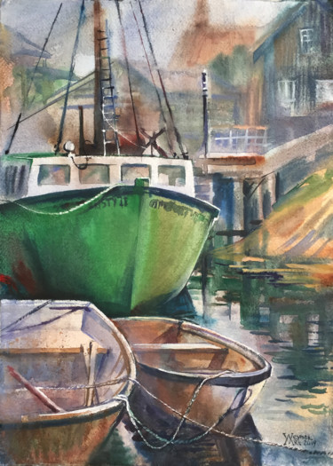 Painting titled "Fishing boats" by Natalia Veyner, Original Artwork, Watercolor