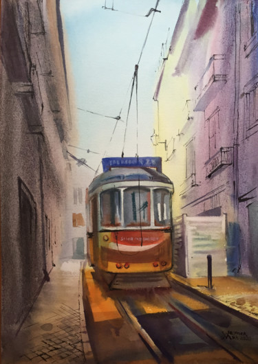 Peinture intitulée "Lisbon Tram, city s…" par Natalia Veyner, Œuvre d'art originale, Aquarelle