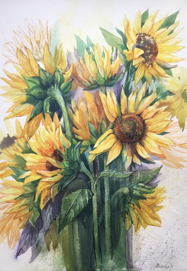 Painting titled "Sunflowers painting…" by Natalia Veyner, Original Artwork, Watercolor