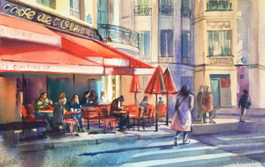 Peinture intitulée "Parisian cafe. City…" par Natalia Veyner, Œuvre d'art originale, Aquarelle