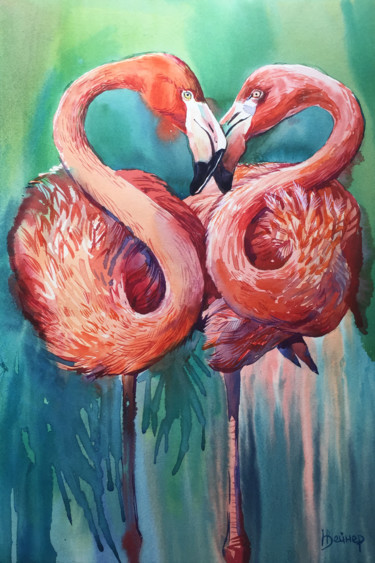Painting titled "Pink flamingo" by Natalia Veyner, Original Artwork, Watercolor