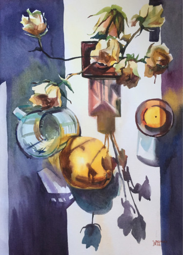 Painting titled "Still life with ros…" by Natalia Veyner, Original Artwork, Watercolor