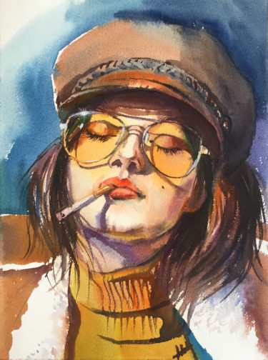 Painting titled "Smoking girl" by Natalia Veyner, Original Artwork, Watercolor