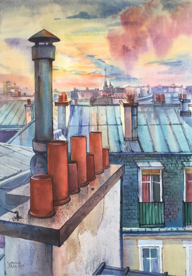 Painting titled "Paris roof tops" by Natalia Veyner, Original Artwork, Watercolor