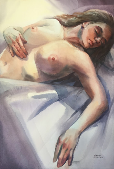 Painting titled "Nude girl. Nude mod…" by Natalia Veyner, Original Artwork, Watercolor