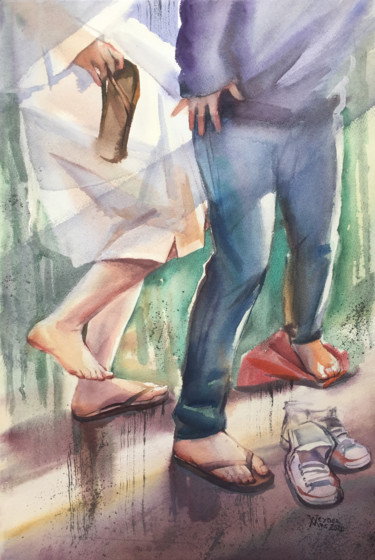 Painting titled "Barefoot in the rain" by Natalia Veyner, Original Artwork, Watercolor