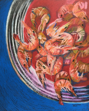 Dibujo titulada "Shrimp on a red pla…" por Natalia Veyner, Obra de arte original, Pastel
