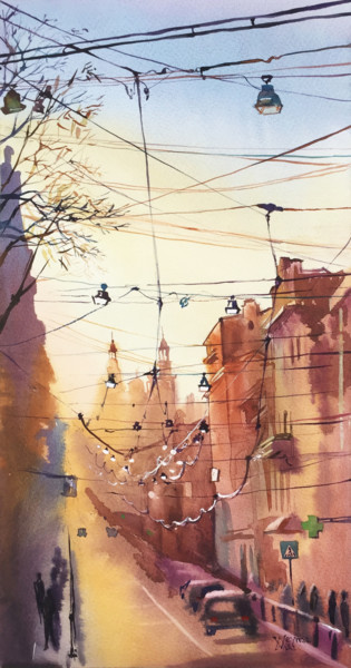 Картина под названием "Evening city" - Natalia Veyner, Подлинное произведение искусства, Акварель