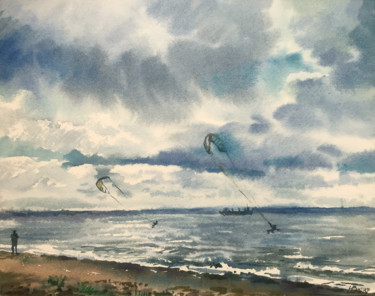 Painting titled "Seascape" by Natalia Veyner, Original Artwork, Watercolor