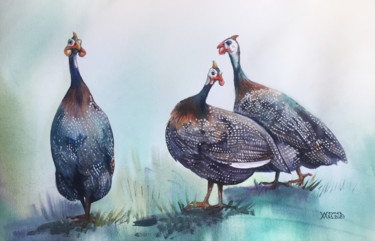 Pintura intitulada "Guinea fowl" por Natalia Veyner, Obras de arte originais, Aquarela