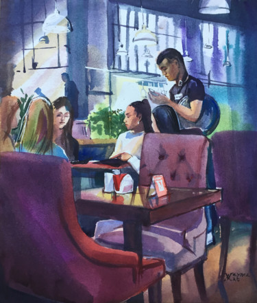 Peinture intitulée "In the cafe" par Natalia Veyner, Œuvre d'art originale, Aquarelle