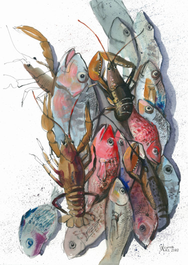 绘画 标题为“Fish and crayfish” 由Natalia Veyner, 原创艺术品, 水彩