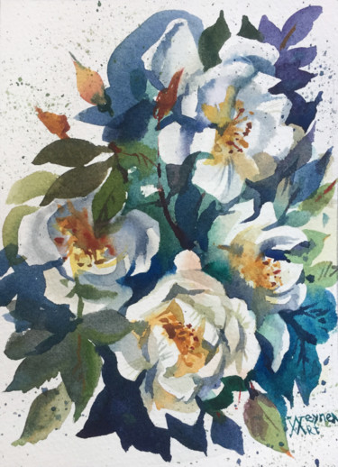 Картина под названием "White rosehip" - Natalia Veyner, Подлинное произведение искусства, Акварель