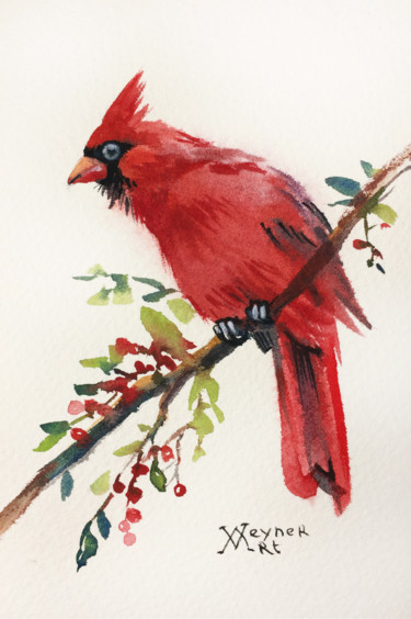Malerei mit dem Titel "Red cardinal bird" von Natalia Veyner, Original-Kunstwerk, Aquarell