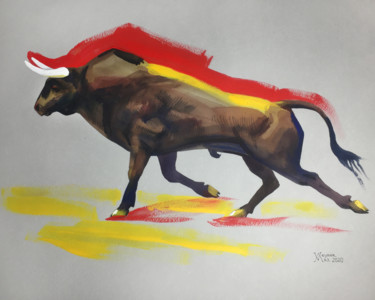 Картина под названием "Running bull" - Natalia Veyner, Подлинное произведение искусства, Акварель