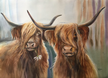 Painting titled "Loving bulls. Portr…" by Natalia Veyner, Original Artwork, Watercolor