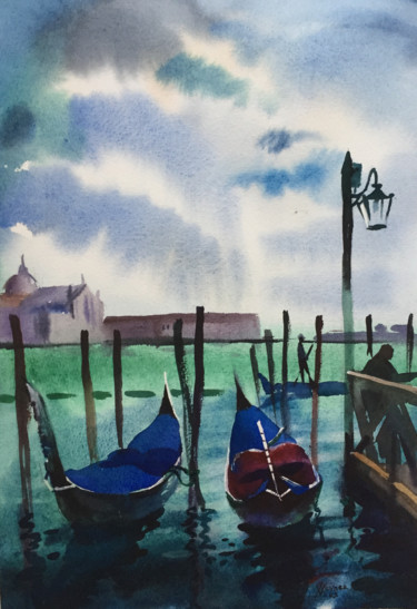 Painting titled "Venetian boats" by Natalia Veyner, Original Artwork, Watercolor