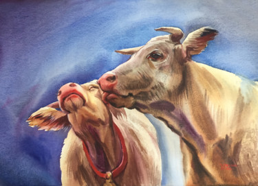 Painting titled "Cow kiss" by Natalia Veyner, Original Artwork, Watercolor