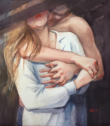 Pittura intitolato "Lovers hug" da Natalia Veyner, Opera d'arte originale, Acquarello