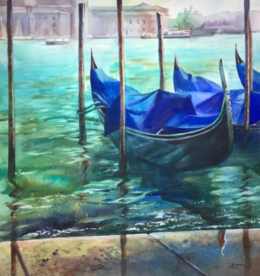 Malarstwo zatytułowany „Venetian gondolas.…” autorstwa Natalia Veyner, Oryginalna praca, Akwarela