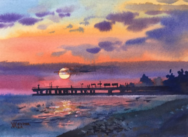 Painting titled "Sunset at the sea.…" by Natalia Veyner, Original Artwork, Watercolor