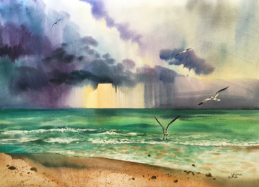 Malerei mit dem Titel "Miami beach. The oc…" von Natalia Veyner, Original-Kunstwerk, Aquarell