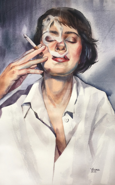 Malerei mit dem Titel "Smoking girl. Smoke…" von Natalia Veyner, Original-Kunstwerk, Aquarell