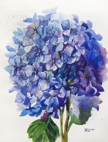 Schilderij getiteld "Blue hydrangea bouq…" door Natalia Veyner, Origineel Kunstwerk, Aquarel