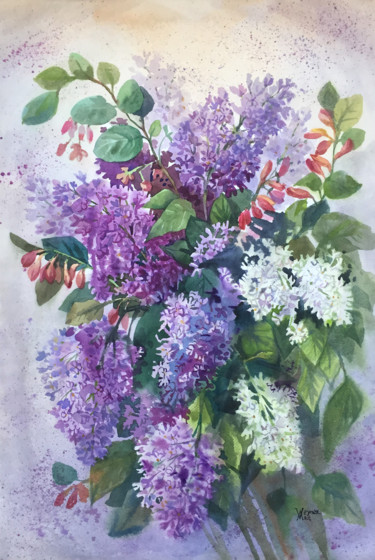 Painting titled "Lilac bouquet. Summ…" by Natalia Veyner, Original Artwork, Watercolor