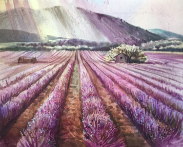 Malarstwo zatytułowany „Lavender field. Lan…” autorstwa Natalia Veyner, Oryginalna praca, Akwarela