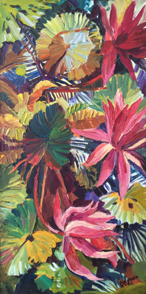 Painting titled "Water lilies on the…" by Natalia Veyner, Original Artwork, Oil