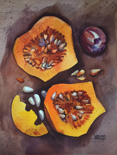 Pumpkin soup. Pumpkins, autumn still life. Home decor Painting titled "Pumpkin soup. Pumpk…" by Natalia Veyner, Original Art, Watercolor