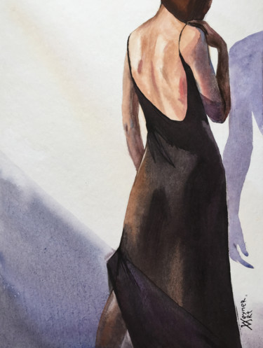 Картина под названием "Woman in black dres…" - Natalia Veyner, Подлинное произведение искусства, Акварель