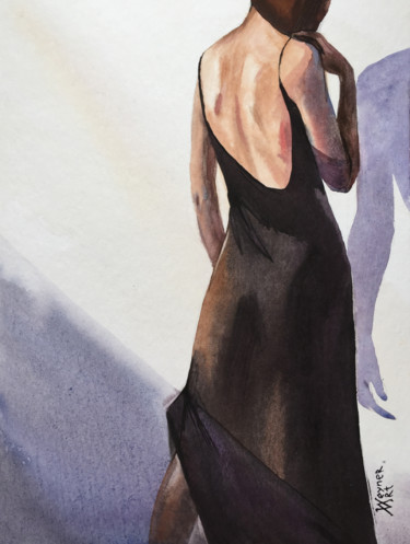 Woman in black dress. Portrait of a girl, female figure Peinture intitulée "Woman in black dres…" par Natalia Veyner, Œuvre d'art originale, Aquarelle