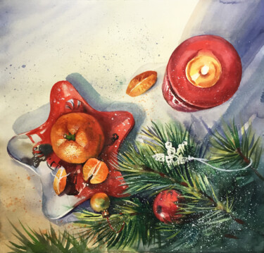 New Year. Christmas toys and tangerines. Painting titled "New Year. Christmas…" by Natalia Veyner, Original Art, Watercolor