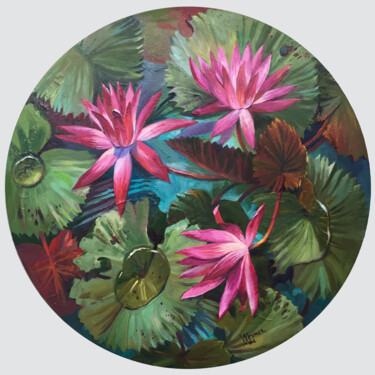 Painting titled "Pink lotuses. Paint…" by Natalia Veyner, Original Artwork, Oil