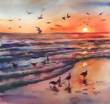 Painting titled "Sunset over the sea…" by Natalia Veyner, Original Artwork, Watercolor