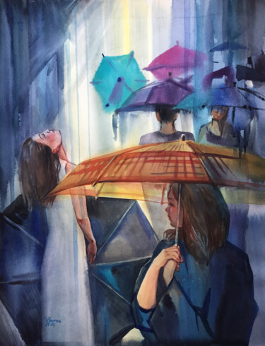Картина под названием "Rain. City landscap…" - Natalia Veyner, Подлинное произведение искусства, Акварель