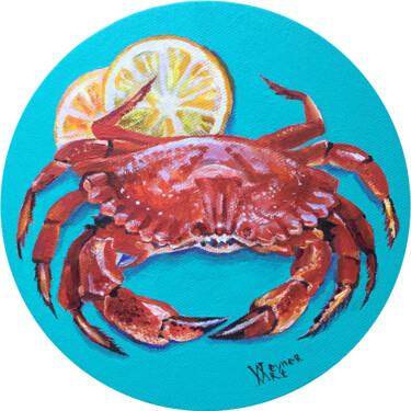 Crab and lemon. Round painting, home decor. Painting titled "Crab and lemon. Rou…" by Natalia Veyner, Original Art, Acrylic