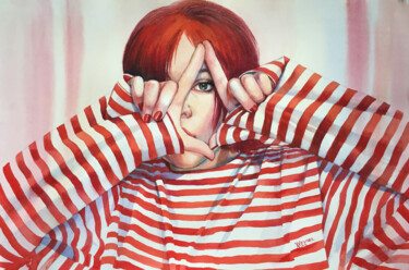 Картина под названием "Girl in a striped s…" - Natalia Veyner, Подлинное произведение искусства, Акварель
