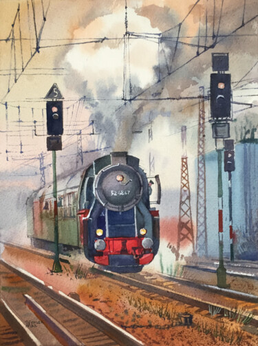 Pintura intitulada "Old train. Locomoti…" por Natalia Veyner, Obras de arte originais, Aquarela