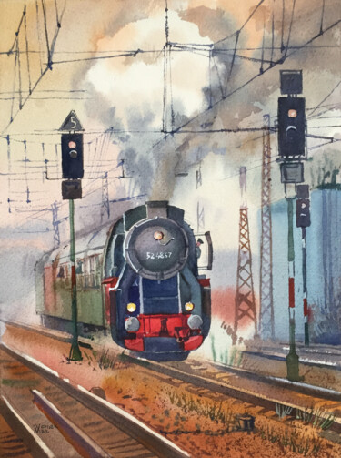 Old train. Locomotive and railway, painting. Peinture intitulée "Old train. Locomoti…" par Natalia Veyner, Œuvre d'art originale, Aquarelle