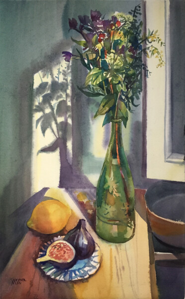 Painting titled "Still life with fig…" by Natalia Veyner, Original Artwork, Watercolor